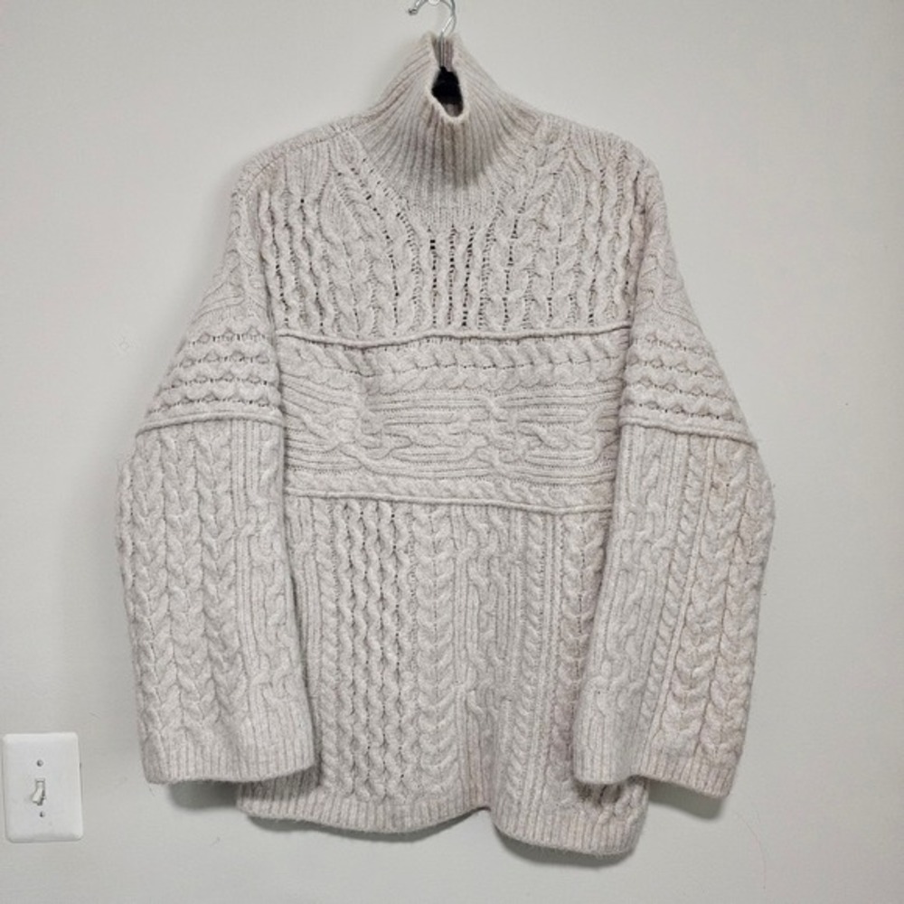 Nanushka Woman Cream Merino Wool Blend Cable Chunky Knit Sweater M/L Fisherman ~